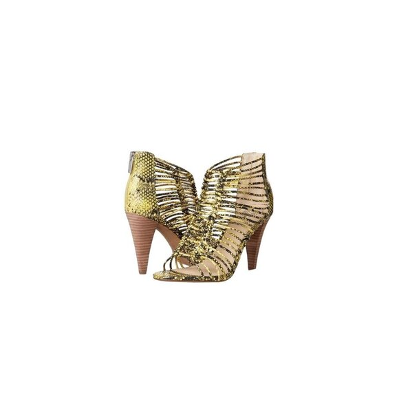 VINCE CAMUTO Alsandra Yellow Snakeskin Strappy Caged Heel Open Toe Sandals 8.5 - Picture 2 of 11